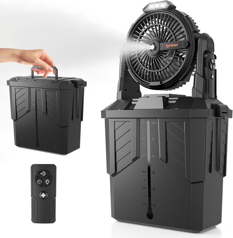 lynker Portable Misting Fan with Remote, Camping Fan with 20000mAh Rechargeable Battery Operated, 6L Water Tank, 3 Speed Levels, 2 Spray Modes, Hanging & Lighting for Outdoor Indoor Cooling (Black) - Image 1